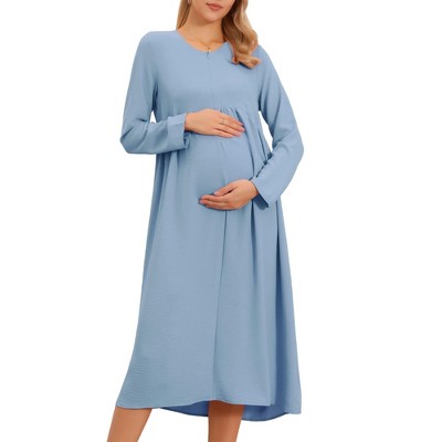 INSPIRE CHIC Women's Nursing Breastfeeding Dress Zip Front Tiered Long Sleeve Maxi Round Neck Pleated Maternity Pregnancy