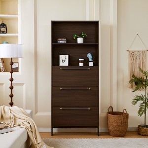 Narrow Shoe Cabinet Entryway Storage Cabinet Freestanding Hidden Shoe Rack Organizer with 3 Flip Drawers, Open Shelves and 2 Hooks, Walnut-ModernLuxe - 1 of 4