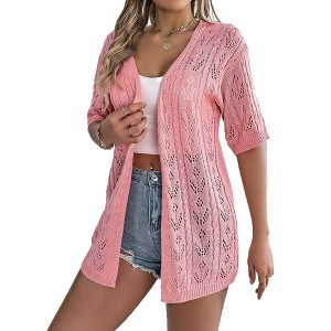 Womens Crochet Cardigan for Summer Lightweight Short Sleeve Open Front Lace Tops Crochet Knit Sweater Summer Cover Ups Tops - 1 of 4
