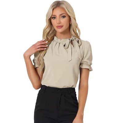 INSPIRE CHIC Women's Bow Tie Neck Solid Color Elastic Cuffs Elegant Office Short Sleeve Blouse