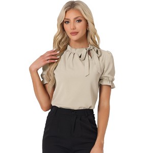 INSPIRE CHIC Women's Bow Tie Neck Solid Color Elastic Cuffs Elegant Office Short Sleeve Blouse - 1 of 4