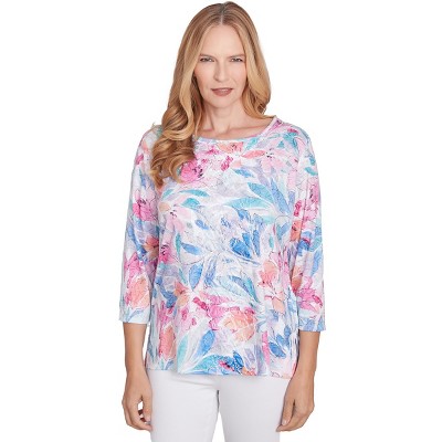Alfred Dunner Womens Floral Spray Crewneck Top