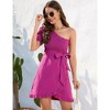 Womens One Shoulder Shirred Mini Dress Wedding Guest Dress One Sleeve Belted Dress with Ruffled Trim for Summer 2024 - 4 of 4