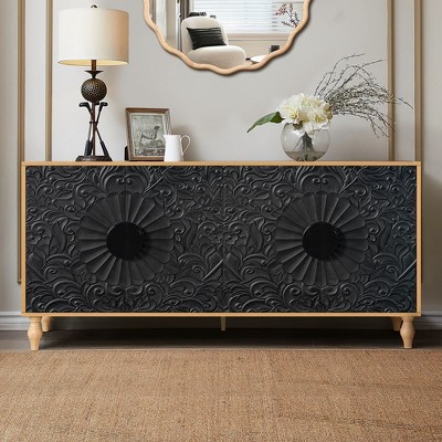 Sideboard Buffet, Wood Floor Cabinet With Carved Flower Door, Metal Handle, Freestanding Sideboard
