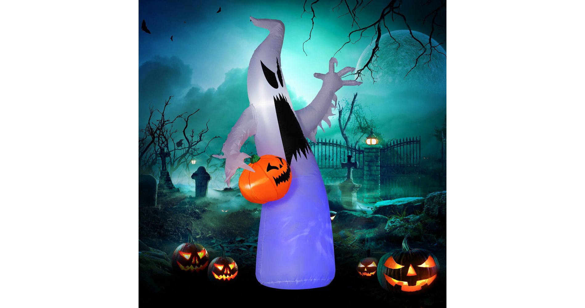 Whisen Halloween Inflatable Outdoor Decoration Ghost with Pumpkin, Blow Up LED Yard Decor - Purple