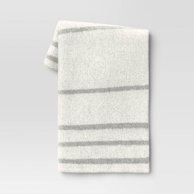 Cozy Feathery Knit Border Striped Throw Blanket Light Gray/Ivory - Threshold™