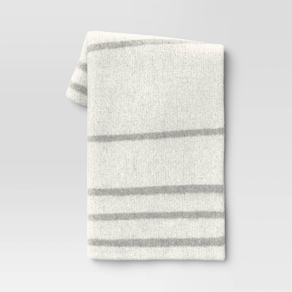 Cozy Feathery Knit Border Striped Throw Blanket Light Gray/Ivory - Threshold™