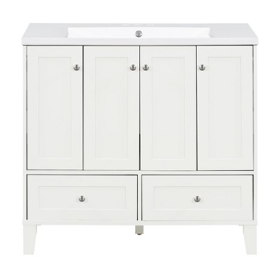 Vynxaria 36" White Freestanding Bathroom Storage Cabinet with Resin Sink and Adjustable Shelves
