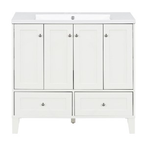 Vynxaria 36" White Freestanding Bathroom Storage Cabinet with Resin Sink and Adjustable Shelves - 1 of 4
