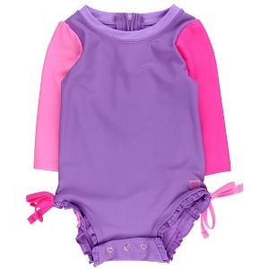 RuffleButts Baby Girls UPF50+ Sun Protected Neon Long Sleeve One Piece Rash Guard Swimsuit, with Signature Rear Ruffle - 1 of 2