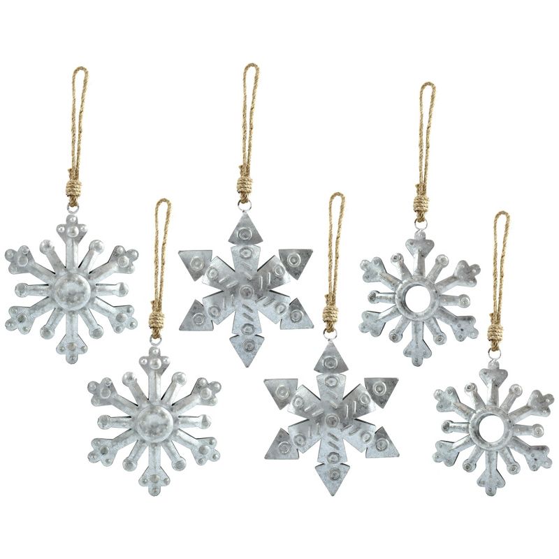 AuldHome Design Galvanized Snowflake Ornaments, 6pk; Rustic Farmhouse Decor Metal Christmas Tree Decorations, Large 6in Diameter, 1 of 9