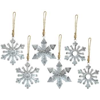 AuldHome Design Galvanized Snowflake Ornaments, 6pk; Rustic Farmhouse Decor Metal Christmas Tree Decorations, Large 6in Diameter