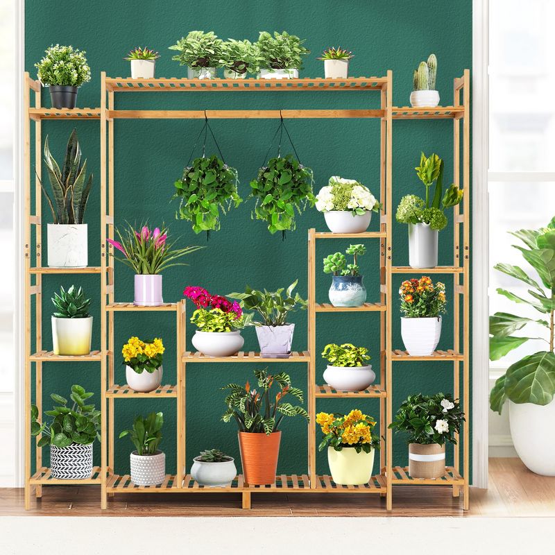 Costway 9-Tier Bamboo Plant Stand Potted Holder w/Hanging Rack Tall Display Shelf Unit, 3 of 11