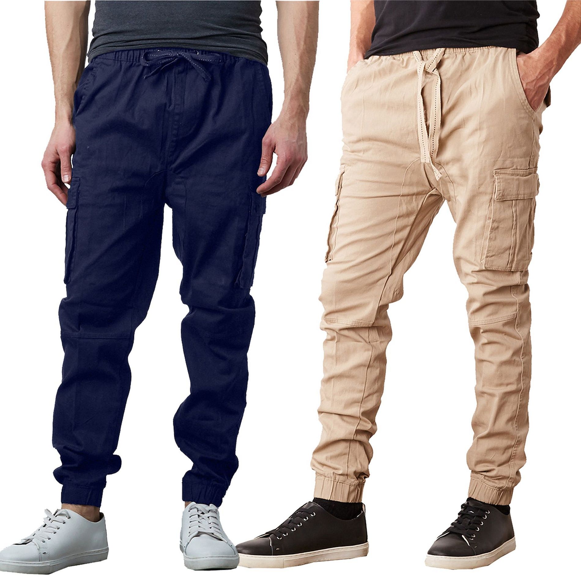 Jump Start Men's Slim Fit  Cotton Flex Stretch Cargo Jogger Pants- 2 Pack-Navy & Khaki-XL