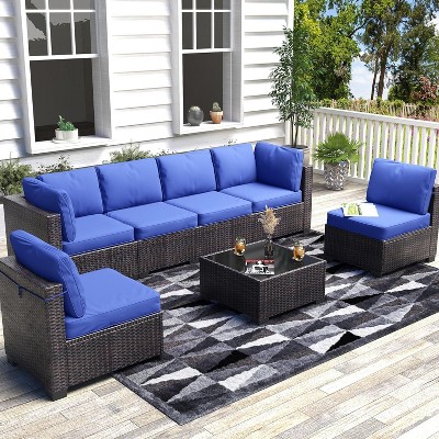 Acekool 7 Piece Patio Set Rattan Outdoor Sofa with Cushions PE Wicker Sectional Couch and Table for Balcony Garden Porch Conversation