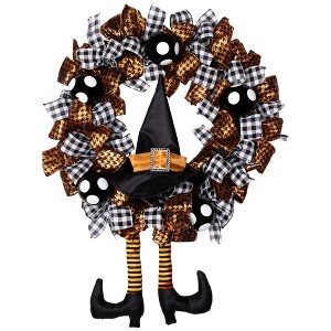 Northlight Witch with Bows and Ornaments Halloween Wreath - 24" - Orange and Black - Unlit - 1 of 4