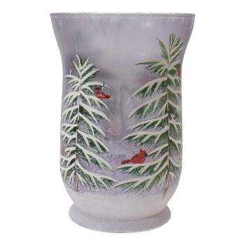 Northlight 8" Hand-Painted Pine and Birds Flameless Glass Christmas Candle Holder
