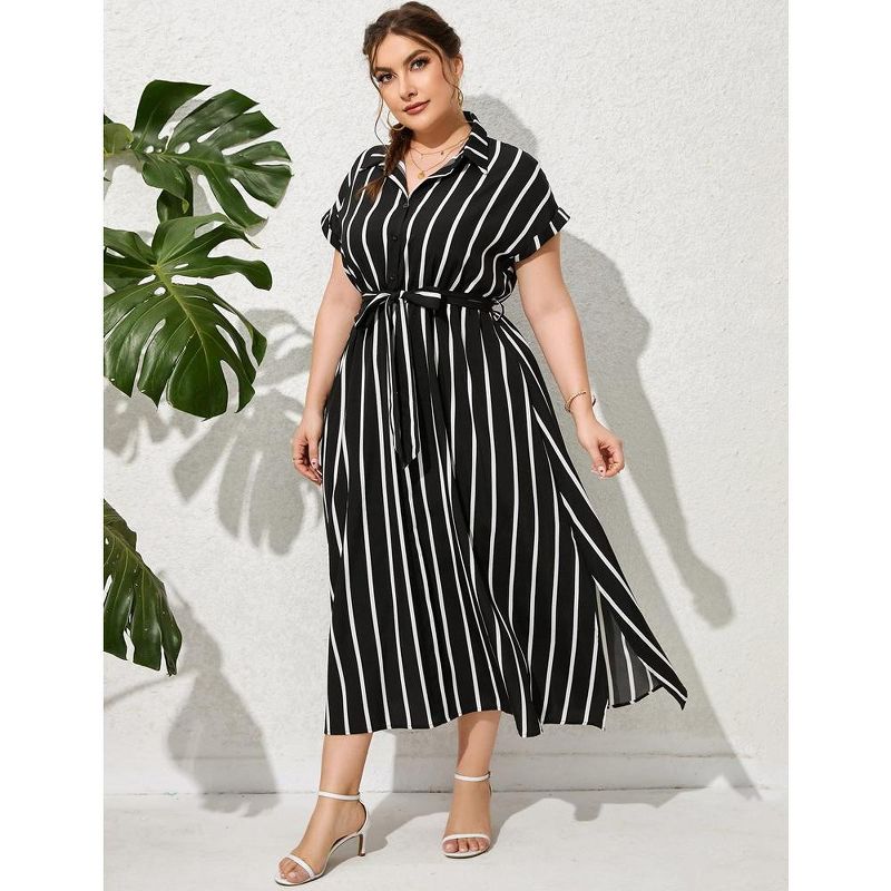 Plus Size Maxi Dresses for Women Summer Tie Belt Work Polo Dress Business Casual Button Down Dress, 4 of 6