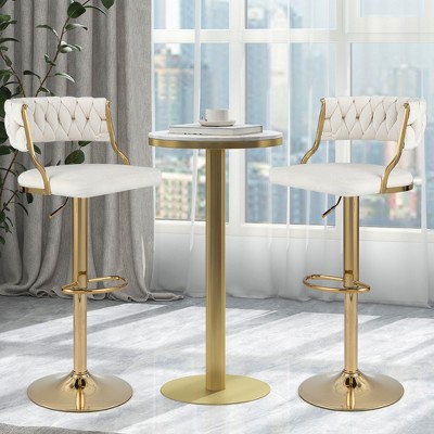 Beige Velvet Adjustable Swivel Bar Stools with Gold Metal Base, Set of 2