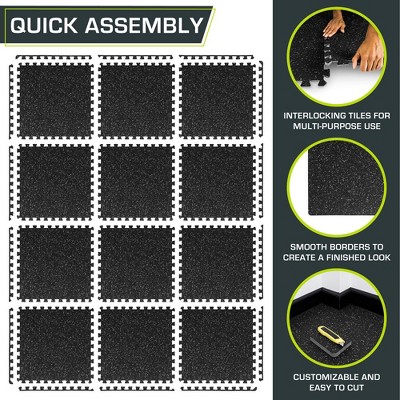 Black and Grey Rubber Top Exercise Puzzle Mat, 48 Sq Ft, 12 Tiles