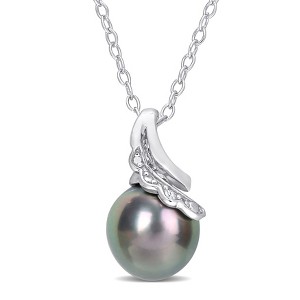 EVERLY JEWELRY | Sterling Silver 8-9mm Black Tahitian Cultured Pearl and Diamond Accent Twisted Pendant with Chain - 18 inch - 1 of 4
