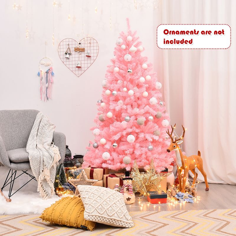 Costway 6Ft Hinged Artificial Christmas Tree Full Fir Tree New PVC w/ Metal Stand Pink, 4 of 16