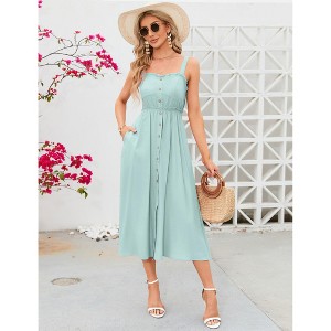Womens Summer Dress Strap A-Line Drees High Waist Sundress Front Button Ruffle Trim Detail - 1 of 4