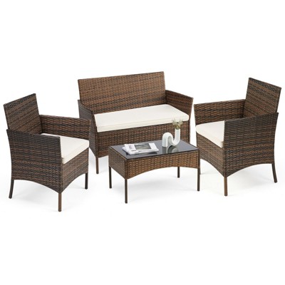 FURNIinspire Patio Dining Sets Patio Furniture Set 4 Pieces, Glass Table, Weaving Rattan Patio Chairs for Garden, Terrace, Brown, 42.6"*22"*31.4"