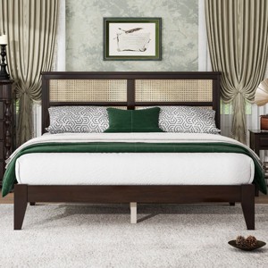 Queen Size Platform Bed with Rattan Headboard and Underbed Storage, Solid Rubber Wood Frame Bed for Modern Bedroom-Baofuwish - 1 of 4