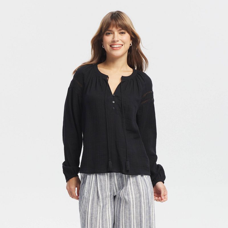 Women's Puff Long Sleeve Tassel Drawstring Tie-Front Blouse - Universal Thread™ Black XS