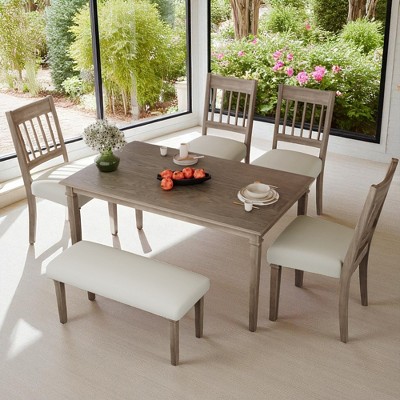 6-Piece Retro Dining Set with Rectangular Wooden Table, 4 Upholstered Chairs & Bench, Mid-Century Kitchen Furniture for Dining Room or Kitchen
