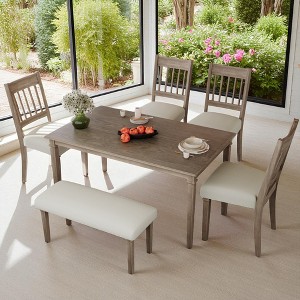 6-Piece Retro Dining Set with Rectangular Wooden Table, 4 Upholstered Chairs & Bench, Mid-Century Kitchen Furniture for Dining Room or Kitchen - 1 of 4