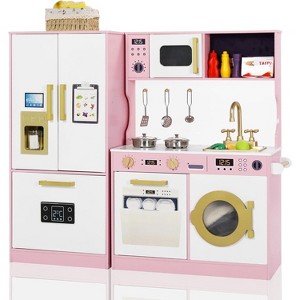 Wooden Play Kitchen Set for Kids with Sink, Freezer, Ice Maker, Washing Machine & Accessories Large Storage & Realistic Features - 1 of 4