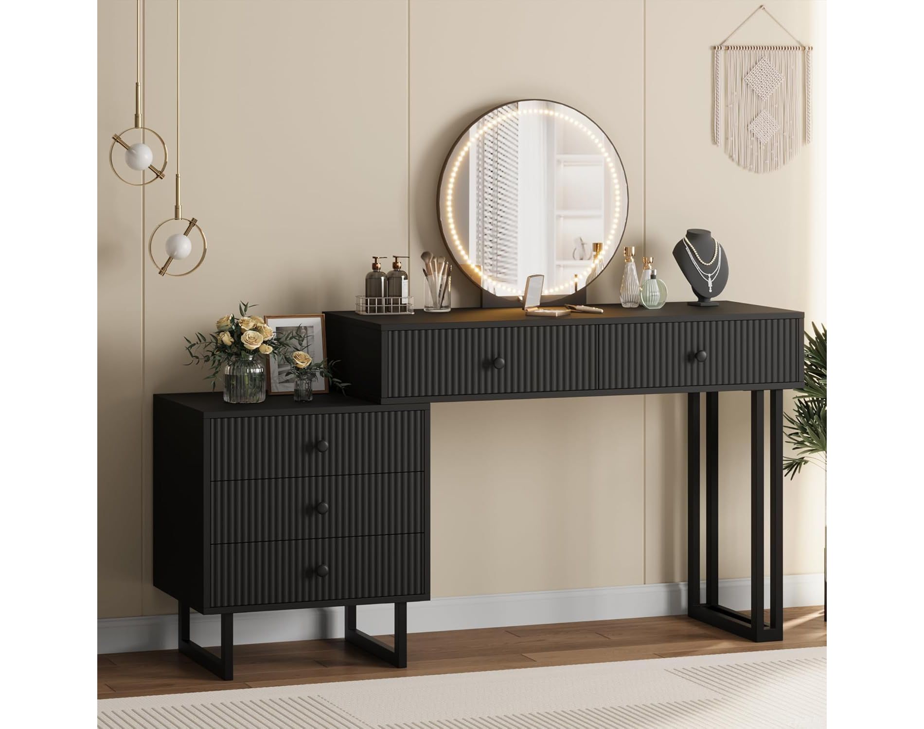 Black Vanity Desk with Mirror and Lights, Small Makeup Vanity with 5 Drawers for Bedroom, Modern Makeup Vanity Organizer with 3 Color Lights