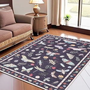 Floral Insect Print Washable Area Rugs for Living Room, Modern Non Slip Low Pile Area Rug - 1 of 4