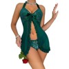 Clotth Women's Ruffle Sheer Mesh Lingerie - Dress with Thong 2 Piece, Halter Open Front Mesh Lace Babydoll Lingerie, Green - L - 4 of 4