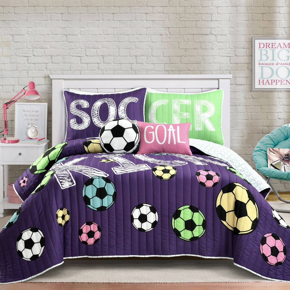 Photos - Bed Linen 4pc Twin Kids' Girls Soccer Kick Reversible Oversized Quilt Set Purple - Lush Décor