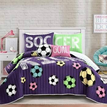Kids' Girls Soccer Kick Reversible Oversized Quilt Set Purple - Lush Décor