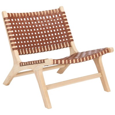 Luna Cognac Leather and Natural Wood Woven Accent Chair