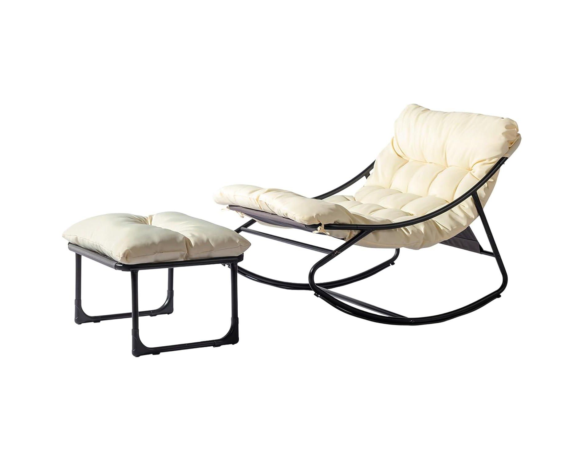 VINGLI Outdoor Rocking Chair with Ottoman, Comfortable Cushioned Lounge Chair for Indoor & Outdoor, Supports 400 LBS, White