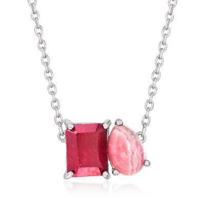 Ross-Simons Pink Rhodochrosite and 3.20 Carat Ruby Toi Et Moi Necklace in Sterling Silver Size 18