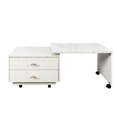 Vynxaria Modern Extendable Coffee Table, White, Square Rotatable Top (2 Tabletops), 2 Drawers + 6 Wheels, 15mm Particle Board/MDF