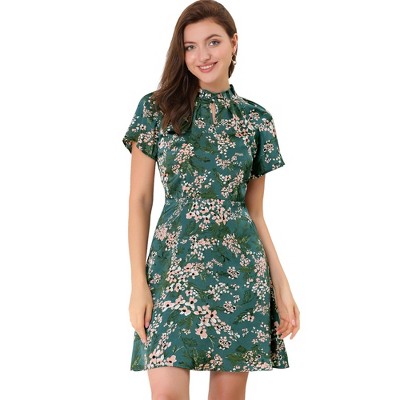 INSPIRE CHIC Women's Floral Pleated Collar Keyhole Front Raglan Sleeve Casual A-Line Dress