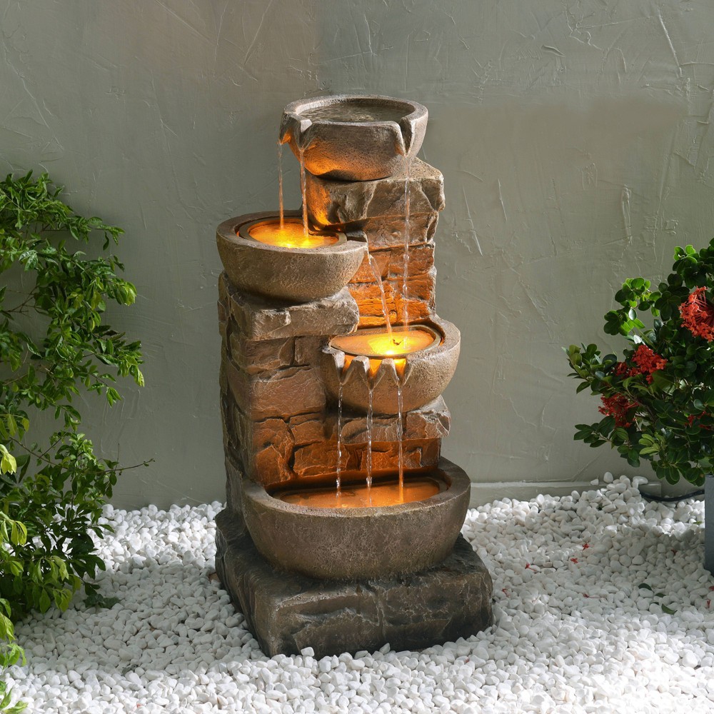 Photos - Garden & Outdoor Decoration Teamson Home 33.27" Polyresin Cascading Bowls & Stacked Stones LED Fountai