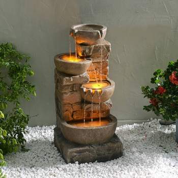 Teamson Home 33.27" Cascading Bowls & Stacked Stones LED Outdoor Polyresin Waterfall Fountain