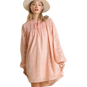 Slickblue Women's Jacquard Raglan Smocked Tie Neck Dress, Blush 100% Cotton, Stylish Casual Cocktail, Size S-L - 1 of 4