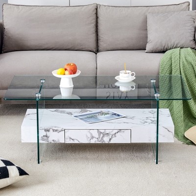 VYNXARIA 43.3 Inch Modern Two-Tier Coffee Table - Glass & White Marble Storage Design