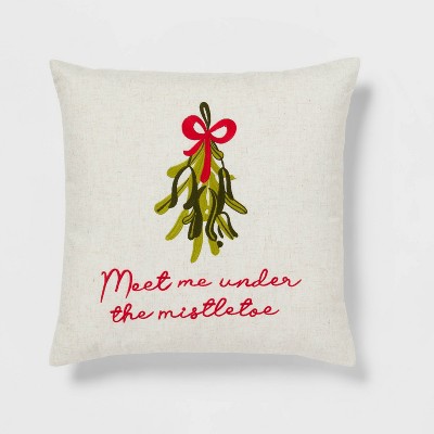 Meet Me Under the Mistletoe' Embroidered Square Christmas Throw Pillow Ivory - Threshold™