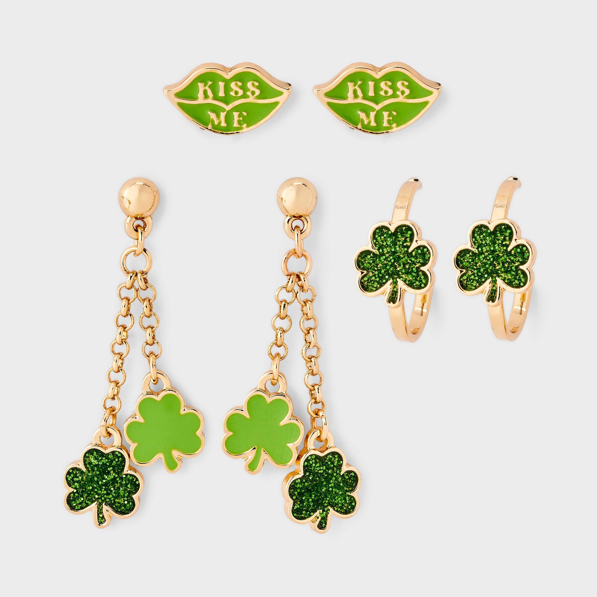 St Patrick's Day Kiss Me Mixed Hoop Earring 3pc Set - Green/Gold