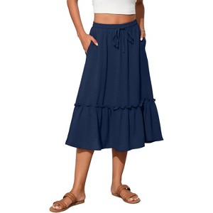 2025 Trendy High Waist Tiered Flowy Skirt for Women - Below Knee with Pockets A-03 Navy Blue - 1 of 4
